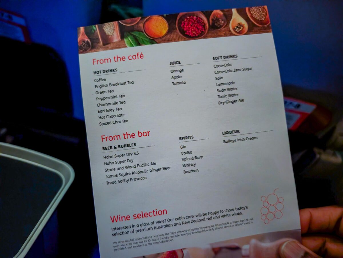 Jetstar Business Class paper menu showing three meal choices