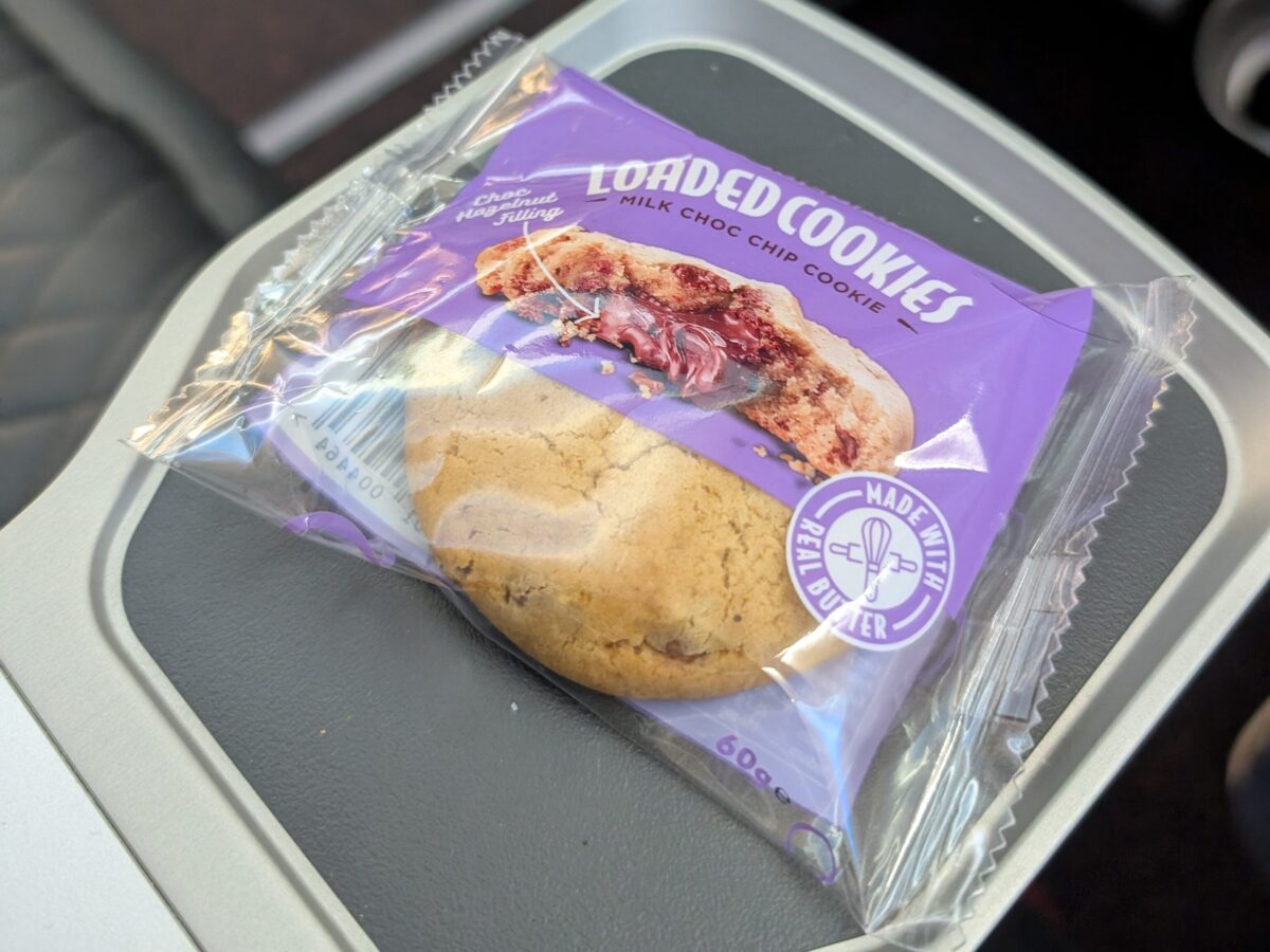 Jetstar snack menu items including the Cookieman loaded cookie