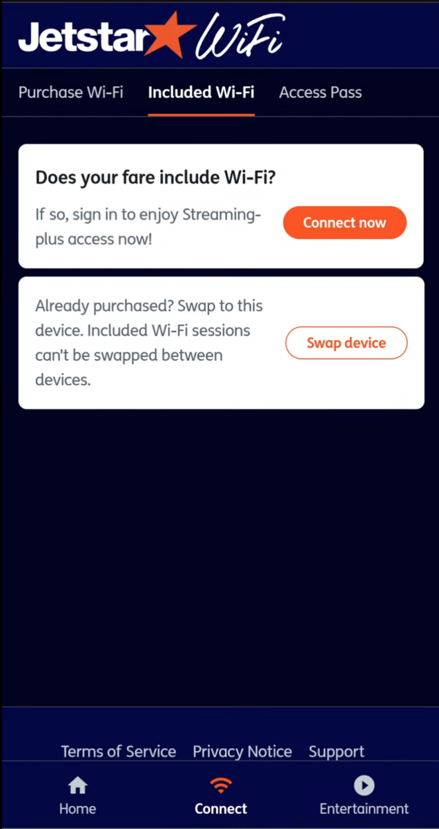 Jetstar's in-flight streaming portal and Wi-Fi landing page