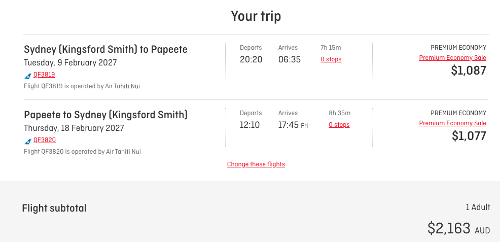 The Qantas website showing a Premium Economy airfare from SYD to PPT