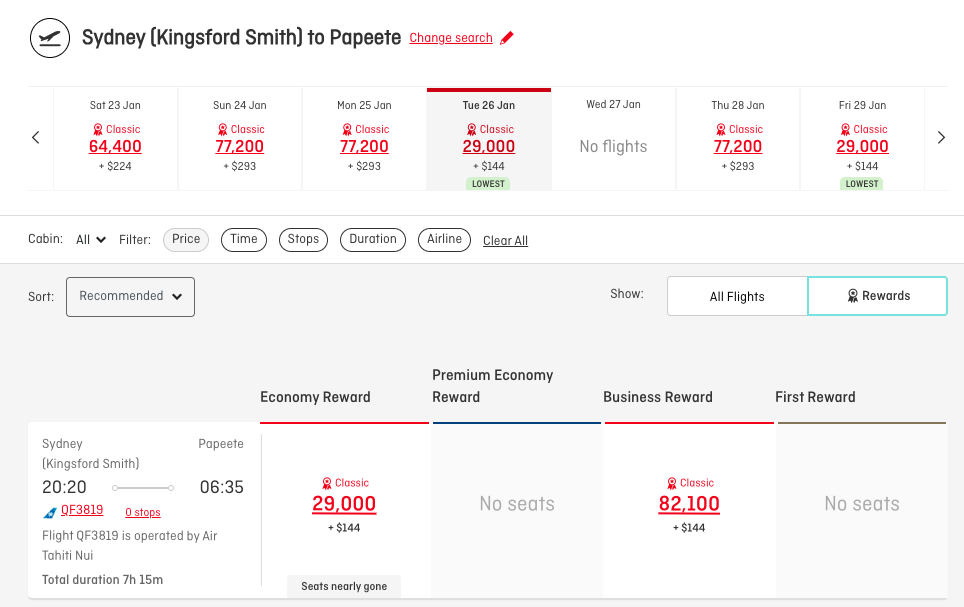 SYD-PPT Classic Reward availability on the Qantas website
