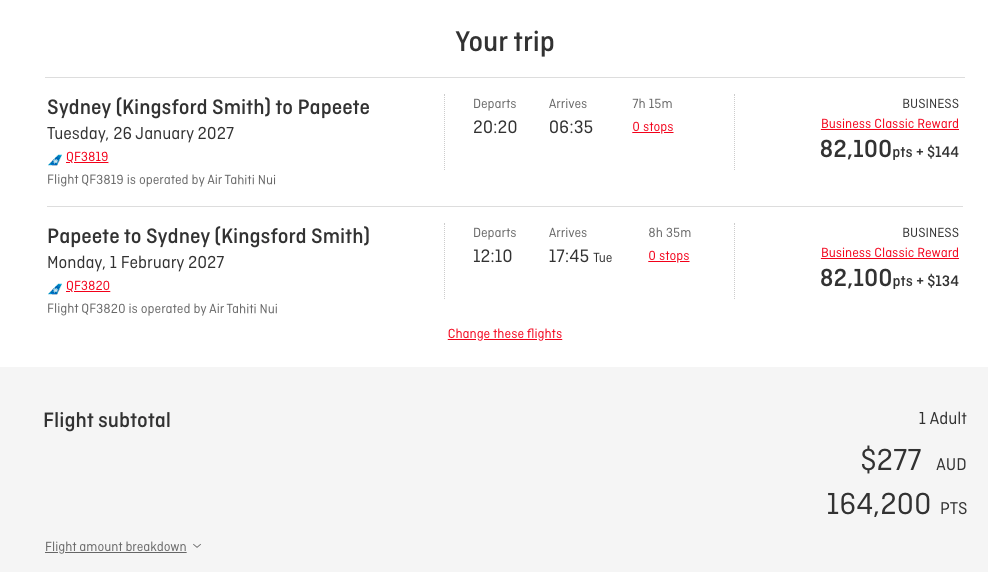 Qantas website showing a Classic Reward quote from SYD to PPT round-trip in business class