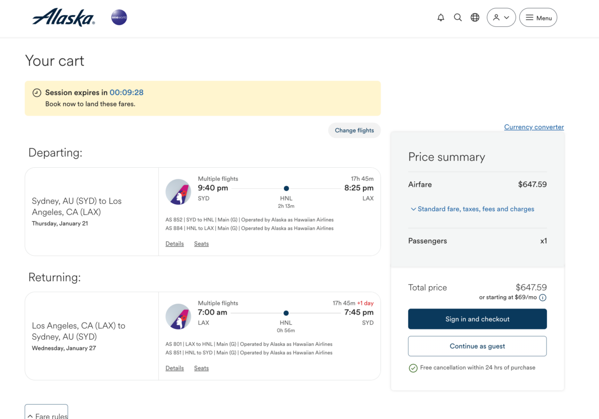 Alaska Airlines Sydney to Los Angeles fare example