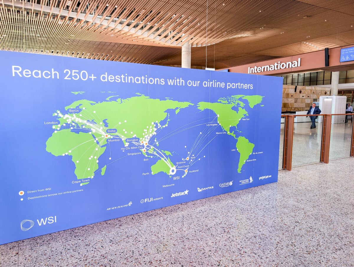 Large world map showing destinations reachable from Western Sydney International with partner airline logos