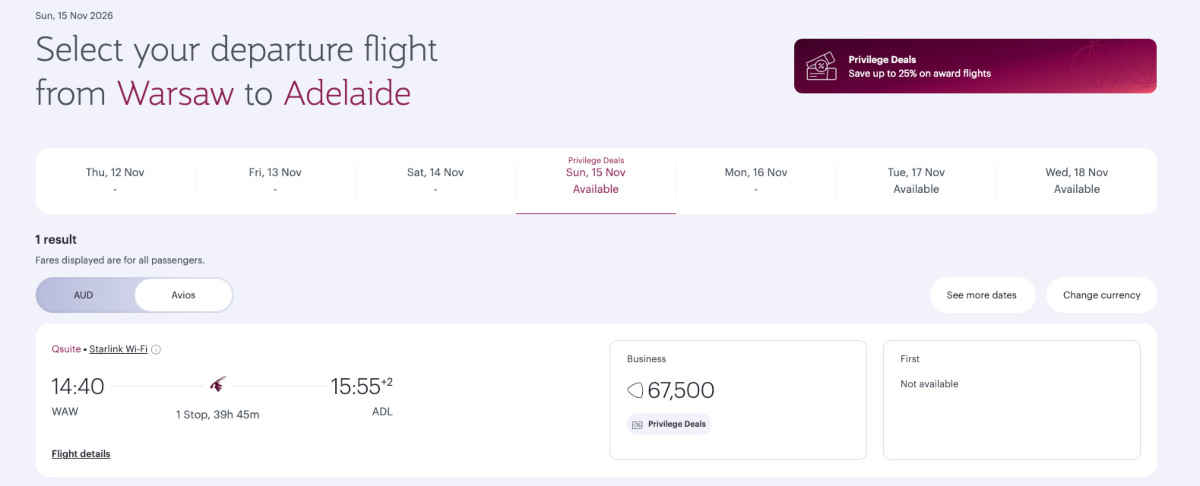 Screenshot of Qatar Privilege deal from Warsaw to Adelaide