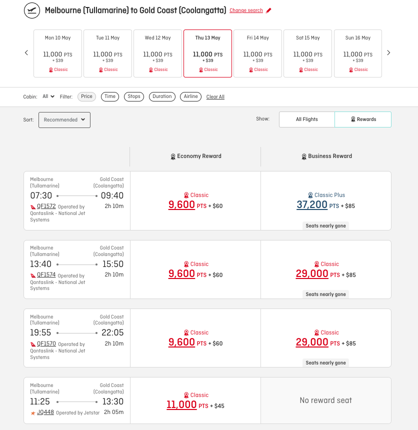 Screenshot of the Qantas website, showing the discounted award pricing