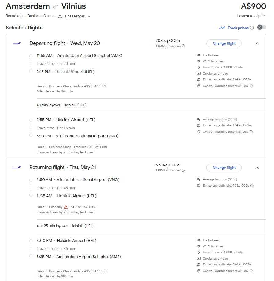 Amsterdam to Vilnius via Helsinki in Business class