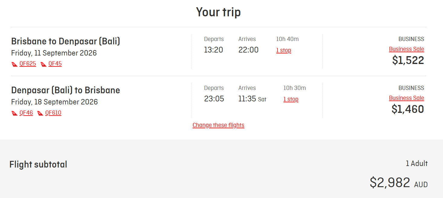 Brisbane to Bali via Melbourne in Business class.