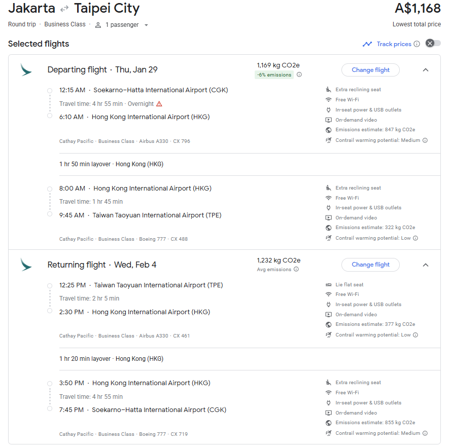 Jakarta to Taipei Business Class