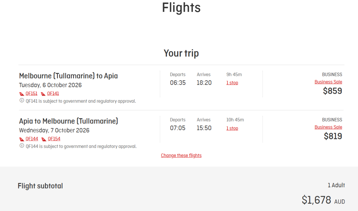 Melbourne to Apia flights in Business Class are a great way to retain or earn status with Qantas