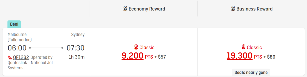 Screenshot of the Qantas website, showing Economy and Business Classic Reward pricing