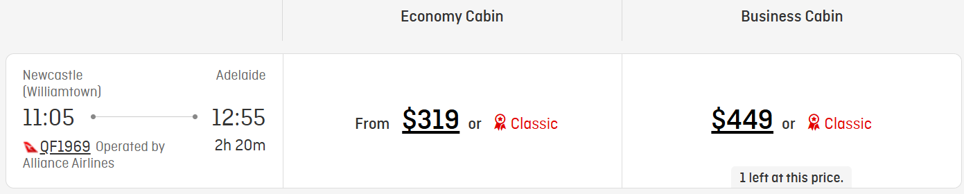 Qantas business class tickets between Newcastle and Adelaide