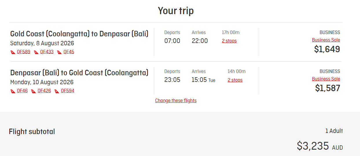 Gold Coast to Bali in Business Class can earn you 400 status credits