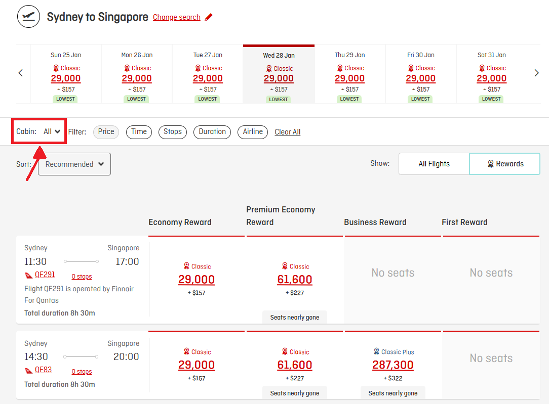 Finding Premium Economy reward seats on the Qantas website